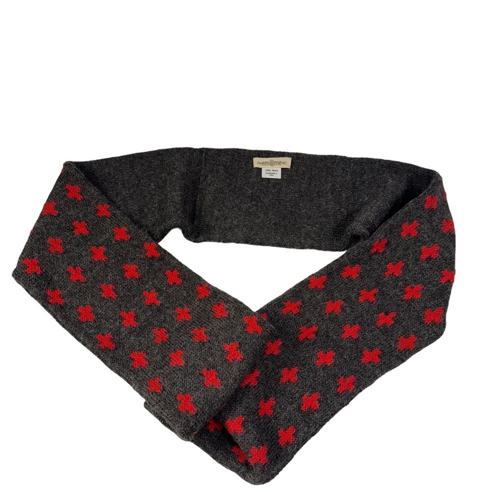 Anthropologie Charcoal Gray Scarf with Red Cross Pattern